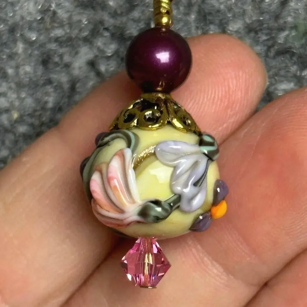 Vintage art glass necklace lamp work hand blown wedding cake bead 19” floral